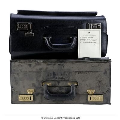 Lot # 136: The Umbrella Academy (2019-2024): Number Five's (Aidan Gallagher) Note to Hazel and Cha-Cha with Empty Fake Briefcase and Damaged Time Travel Briefcase
