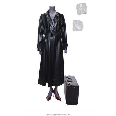Lot # 139: The Umbrella Academy (2019-2024): The Handler's (Kate Walsh) Returns to Hazel and Cha-Cha Costume with Scar Prosthetics and Briefcase