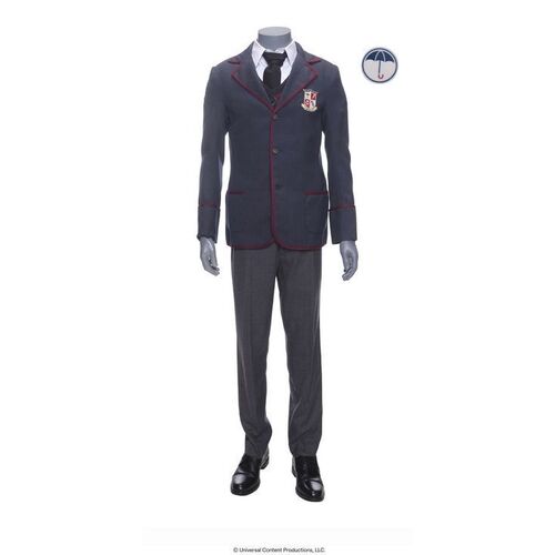 Lot # 143: The Umbrella Academy (2019-2024): Young Klaus Hargreeves's (Dante Albidone) Umbrella Academy Costume with Tattoo Sticker
