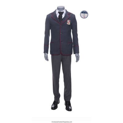 Lot # 143: The Umbrella Academy (2019-2024): Young Klaus Hargreeves's (Dante Albidone) Umbrella Academy Costume with Tattoo Sticker