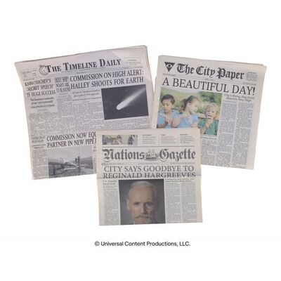 Lot # 153: The Umbrella Academy (2019-2024): Sir Reginald Hargreeves's Death, Apocalypse Date, and Commission Newspapers