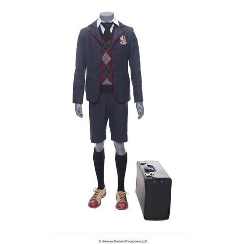Lot # 166: The Umbrella Academy (2019-2024): Number Five's (Aidan Gallagher) Season 2 Umbrella Academy Uniform with Bowling Shoes and Bullet-ridden Briefcase