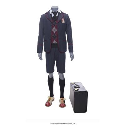 Lot # 166: The Umbrella Academy (2019-2024): Number Five's (Aidan Gallagher) Season 2 Umbrella Academy Uniform with Bowling Shoes and Bullet-ridden Briefcase