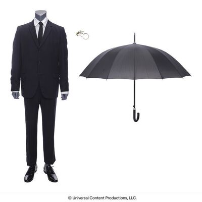 Lot # 174: The Umbrella Academy (2019-2024): Sir Reginald Hargreeves's (Colm Feore) Grassy Knoll Suit with Umbrella and Monocle