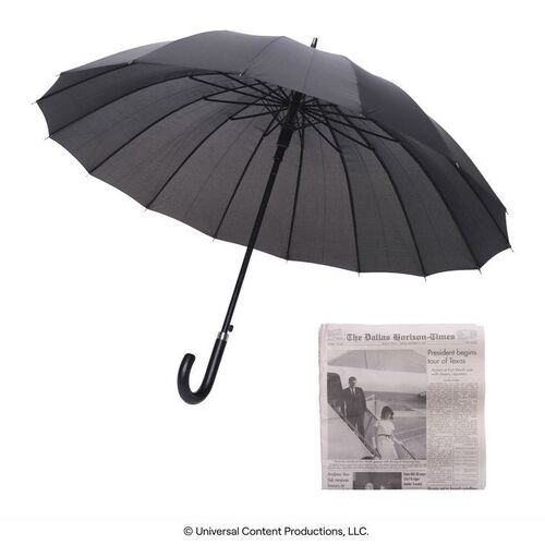 Lot # 176: The Umbrella Academy (2019-2024): Sir Reginald Hargreeves's (Colm Feore) Grassy Knoll Umbrella and Presidential Visit Newspaper