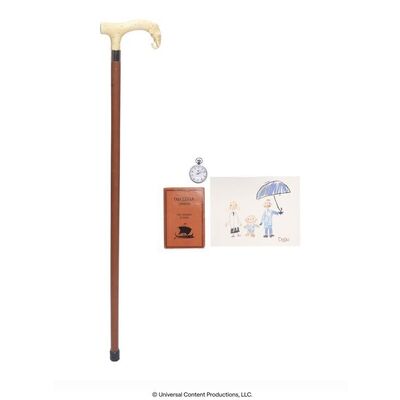 Lot # 207: The Umbrella Academy (2019-2024): Young Pogo's Drawing Print with Grace's (Jordan Claire Robbins) Stopwatch, Odyssey Book, and Stand-In Cane