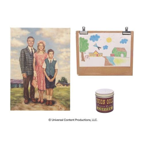 Lot # 239: The Umbrella Academy (2019-2024): Sissy Cooper's Coffee Can Money with Harlan's Drawing and Family Portrait Print