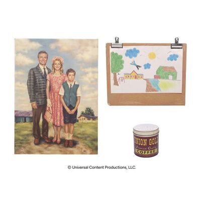 Lot # 239: The Umbrella Academy (2019-2024): Sissy Cooper's Coffee Can Money with Harlan's Drawing and Family Portrait Print