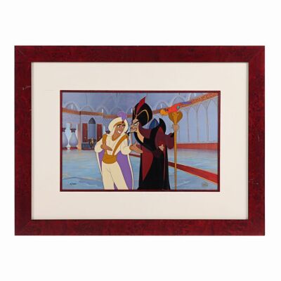 Lot #9 - ALADDIN (1992) - Framed Limited Edition Prince Ali Questioned by Jafar Hand-Painted Animation Cel, 1993