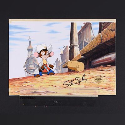 Lot #22 - AN AMERICAN TAIL: FIEVEL GOES WEST (1991) - Steven Spielberg Autographed Original Hand-Painted Fievel Animation Cel, 1991