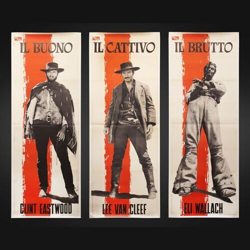 Lot #131 - THE GOOD, THE BAD AND THE UGLY (1966) - David Frangioni Collection: Complete Set of Three Rome Premiere Character Panels - Linen-Backed, 1966