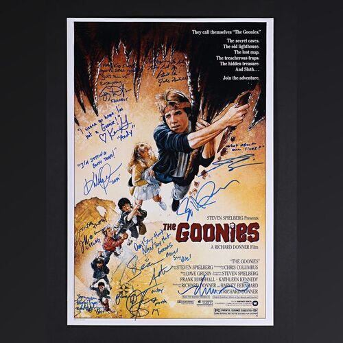 Lot #139 - THE GOONIES (1985) - Josh Brolin, Richard Donner, Corey Feldman, Sean Astin, Joe Pantoliano, Ke Huy Quan, Jeff Cohen, Robert Davi, Kerri Green, Martha Plimpton and Drew Struzan Autographed Poster