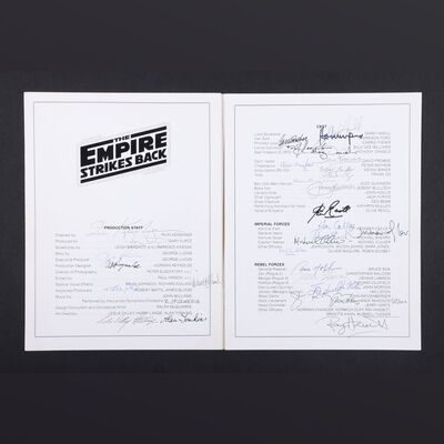 Lot #346 - STAR WARS: THE EMPIRE STRIKES BACK (1980) - Exhibitor's Cast and Crew Booklet Autographed by George Lucas, Irvin Kershner, Mark Hamill, Harrison Ford, Carrie Fisher, Alec Guinness and Others, 1980