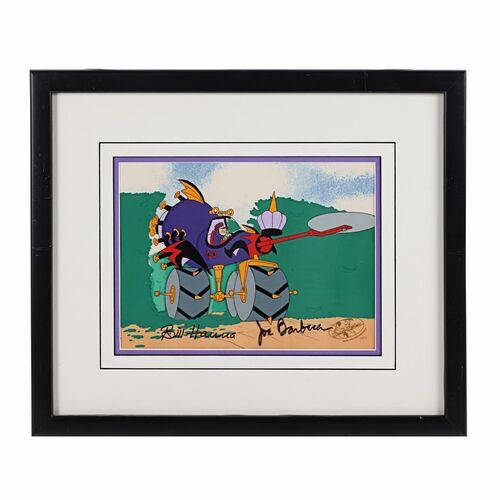 Lot #380 - WACKY RACES - Framed Fender Bender 500 Original Production Animation Cel Autographed by Bill Hanna and Joe Barbera, 1990