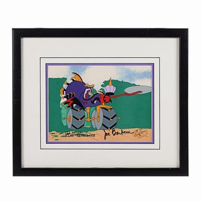 Lot #380 - WACKY RACES - Framed Fender Bender 500 Original Production Animation Cel Autographed by Bill Hanna and Joe Barbera, 1990