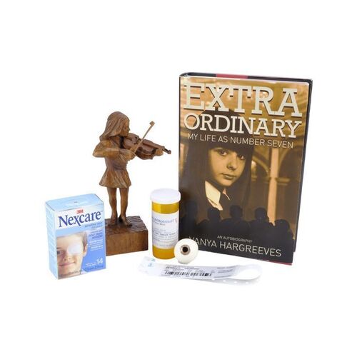 Lot # 130: The Umbrella Academy (2019-2024): Vanya Hargreeves's (Elliot Page) Wood Carving Gift and Book with Harold Peabody's Eye Accessories