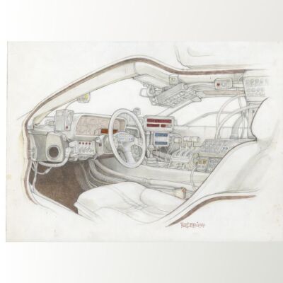 Lot #19 - Hand-Drawn Ron Cobb Interior DeLorean Time Machine Concept Art ### BACK TO THE FUTURE (1985)