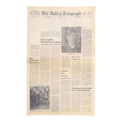 Lot #22 - "George McFly Murdered/Honored" SFX Hill Valley Telegraph Newspaper Cover Insert ### BACK TO THE FUTURE PART II (1989)