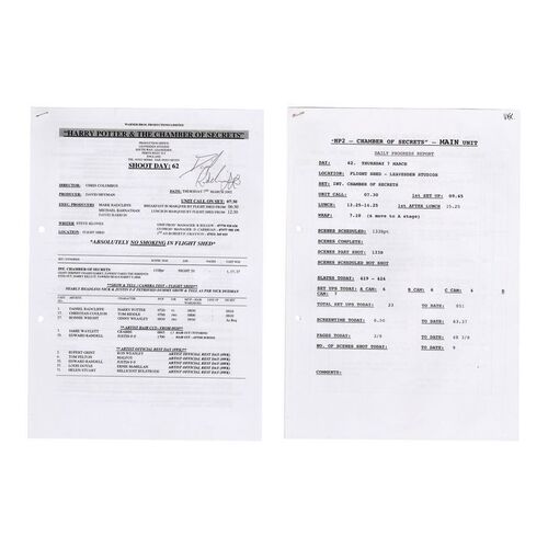 Lot #128 - Daniel Radcliffe-Autographed Shooting Schedules ### HARRY POTTER AND THE CHAMBER OF SECRETS (2002)