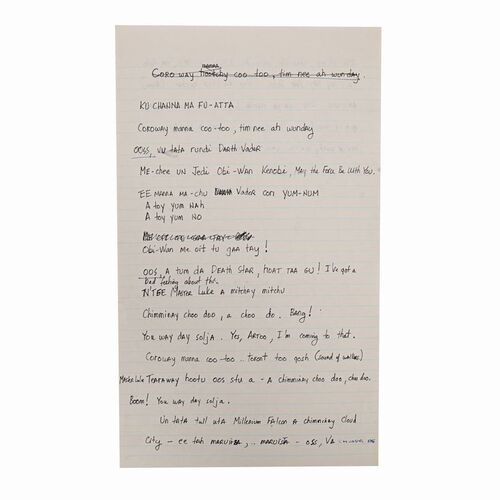 Lot #377 - Anthony Daniels Collection: Ewok Village Speech in Ewokese Language Handwritten by Ben Burtt with Anthony Daniels Annotations ### STAR WARS: RETURN OF THE JEDI (1983)