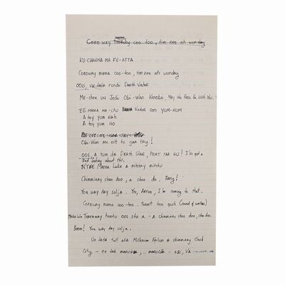 Lot #377 - Anthony Daniels Collection: Ewok Village Speech in Ewokese Language Handwritten by Ben Burtt with Anthony Daniels Annotations ### STAR WARS: RETURN OF THE JEDI (1983)