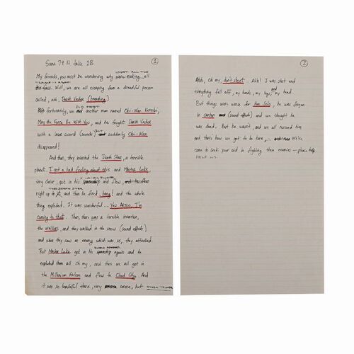 Lot #378 - Anthony Daniels Collection: Ewok Village Speech Handwritten in English by Ben Burtt with Anthony Daniels Annotations ### STAR WARS: RETURN OF THE JEDI (1983)