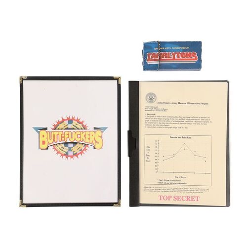 Lot #676 - Hibernation Project File, Tarrlytons Cigarette Pack, and Buttfuckers Menu ### IDIOCRACY (2006)
