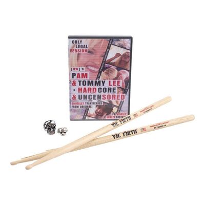 Lot #792 - Pamela Anderson (Lily James) and Tommy Lee's (Sebastian Stan) Skull Rings with Drumsticks and Sex Tape DVD Case ### PAM & TOMMY (2022)