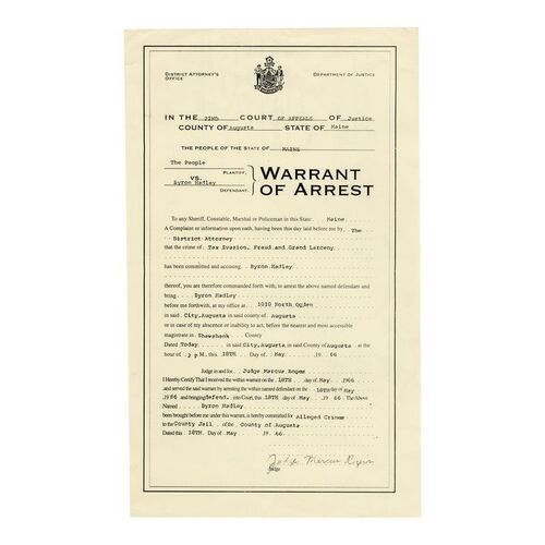 Lot #827 - Captain Byron Hadley's (Clancy Brown) Arrest Warrant ### THE SHAWSHANK REDEMPTION (1994)