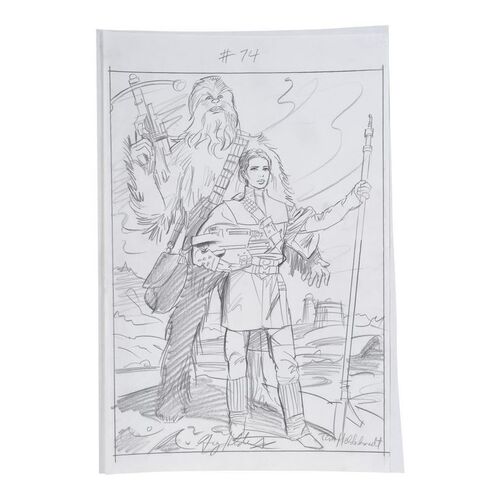 Lot #897 - William Plumb Collection: Hand-Drawn Hildebrandt Brothers "Leia & Chewbacca" Trading Card Concept Sketch ### STAR WARS: SHADOWS OF THE EMPIRE (1990)