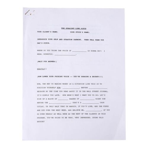 Lot #977 - "The Straight Line Pitch" Sales Pitch Script ### THE WOLF OF WALL STREET (2013)