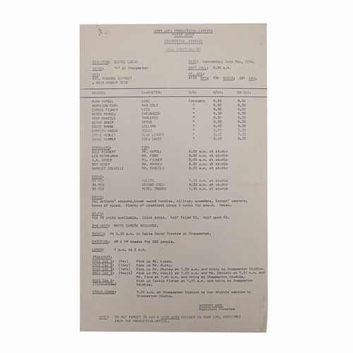 Lot #1000 - Anthony Daniels Collection: Call Sheet ### STAR WARS: A NEW HOPE (1977)