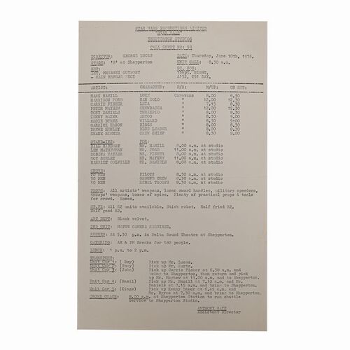 Lot #1001 - Anthony Daniels Collection: Call Sheet ### STAR WARS: A NEW HOPE (1977)