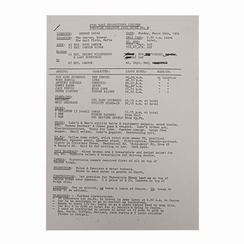 Lot #1002 - Anthony Daniels Collection: Tunisia Location Call Sheet Copy ### STAR WARS: A NEW HOPE (1977)