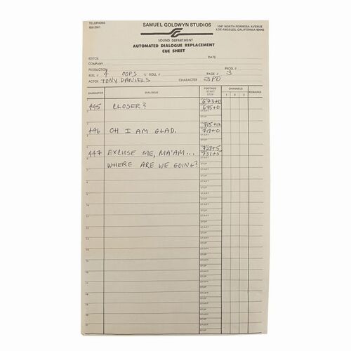 Lot #1006 - Anthony Daniels Collection: ADR Cue Sheet with Handwritten Dialogue Lines ### STAR WARS: THE EMPIRE STRIKES BACK (1980)