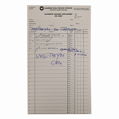 Lot #1010 - Anthony Daniels Collection: Outside Endor Bunker ADR Cue Sheet with Anthony Daniels' Handwritten Dialogue ### STAR WARS: RETURN OF THE JEDI (1983)