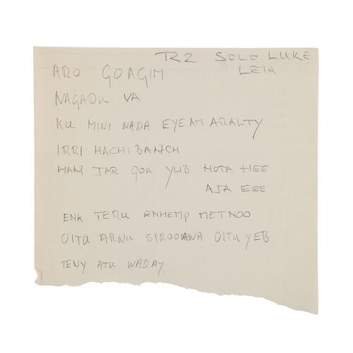 Lot #1011 - Anthony Daniels Collection: Anthony Daniels' Handwritten Ewokese Dialogue Page "R2 Solo Luke Leia" ### STAR WARS: RETURN OF THE JEDI (1983)