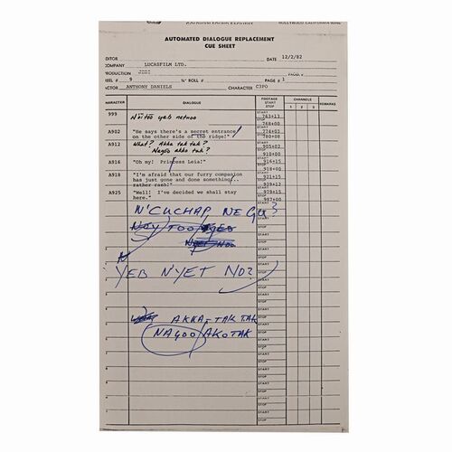 Lot #1016 - Anthony Daniels Collection: Biker Scout Distraction ADR Cue Sheet with Anthony Daniels' Handwritten Dialogue ### STAR WARS: RETURN OF THE JEDI (1983)