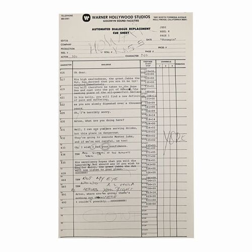 Lot #1017 - Anthony Daniels Collection: ADR Cue Sheet with Anthony Daniels' Handwritten Notes and Corrections ### STAR WARS: RETURN OF THE JEDI (1983)