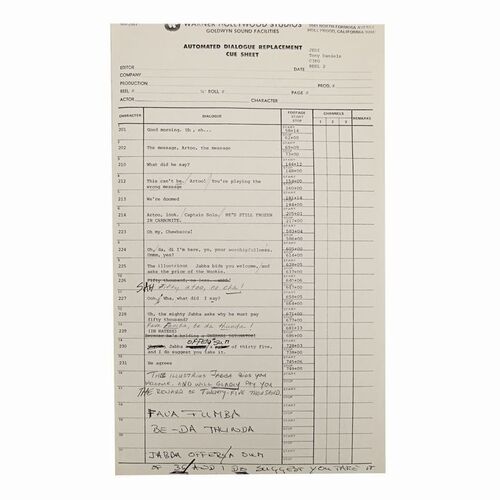Lot #1018 - Anthony Daniels Collection: ADR Cue Sheet with Handwritten Notes and Corrections ### STAR WARS: RETURN OF THE JEDI (1983)