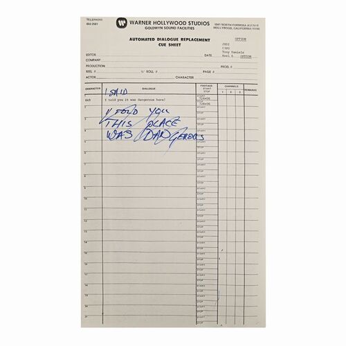 Lot #1020 - Anthony Daniels Collection: Endor is Dangerous ADR Cue Sheet with Anthony Daniels' Handwritten Dialogue ### STAR WARS: RETURN OF THE JEDI (1983)