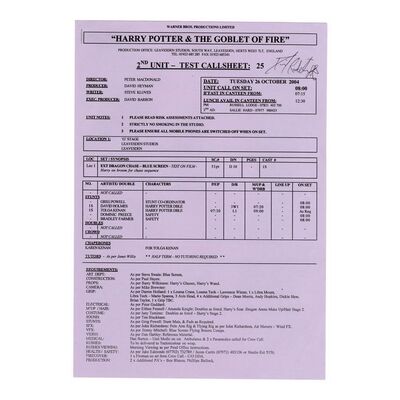 Lot #1302 - Daniel Radcliffe-Autographed Call Sheet ### HARRY POTTER AND THE GOBLET OF FIRE (2005)