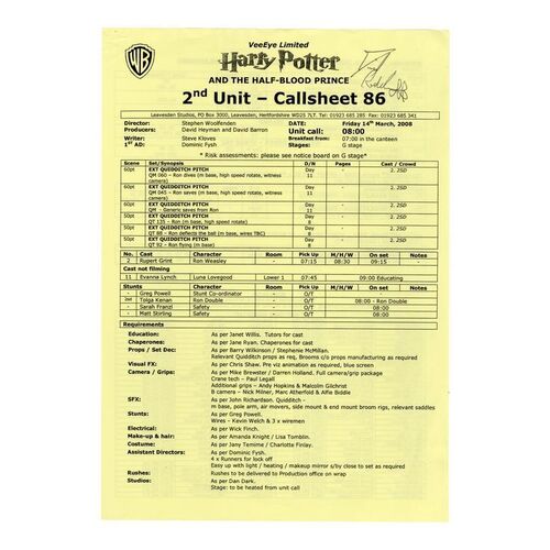 Lot #1305 - Daniel Radcliffe-Autographed Call Sheet ### HARRY POTTER AND THE HALF-BLOOD PRINCE (2009)