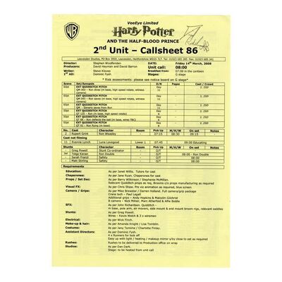 Lot #1305 - Daniel Radcliffe-Autographed Call Sheet ### HARRY POTTER AND THE HALF-BLOOD PRINCE (2009)
