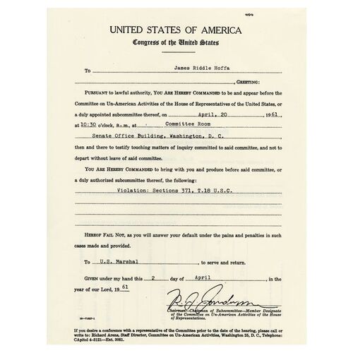 Lot #1331 - Jimmy Hoffa's (Al Pacino) Subpoena ### THE IRISHMAN (2019)