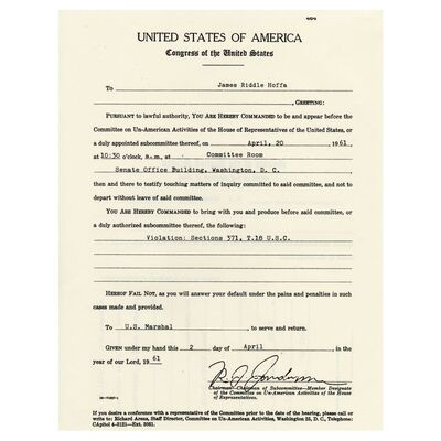 Lot #1331 - Jimmy Hoffa's (Al Pacino) Subpoena ### THE IRISHMAN (2019)