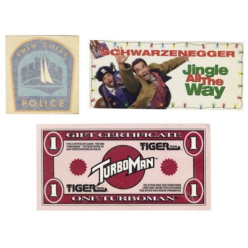 Lot #1345 - Cast and Crew Screening Invitation with Turbo Man Gift Certificate and Twin Cities Police Patch ### JINGLE ALL THE WAY (1996)