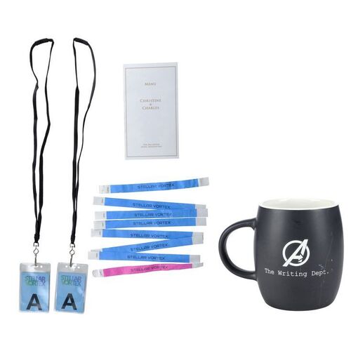 Lot #1397 - Crew Gift Mug with Covid Zone Badges, Compliance Tags and Production-Made Wedding Reception Pamphlet ### MARVEL CINEMATIC UNIVERSE (2008-PRESENT)