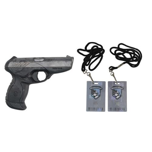 Lot #1453 - Yulaw's (Jet Li) Stunt Vektor CP-1 Gun and Pair of Multiverse Authority Badges ### THE ONE (2001)