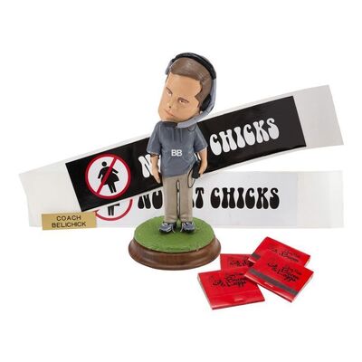 Lot #1648 - Jim Nance's (Rex Ryan) Bill Belichick Bobblehead and Nametag with "No Fat Chicks" Stickers and "Classy Ricks" Matchbooks ### THAT'S MY BOY (2012)